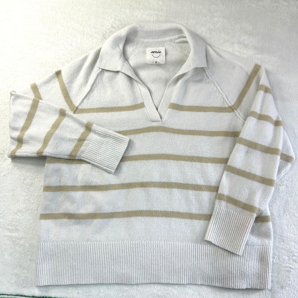 Aerie Coastal Grandmother Striped Polo Sweater Large Neutral Preppy